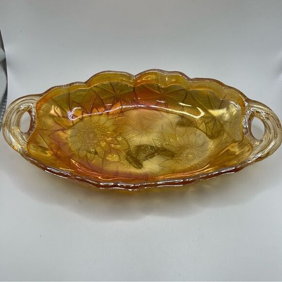 Vintage Marigold Floral Indiana Carnival Glass Oval Candy Dish Bowl Relish Bowl - Picture 2 of 11